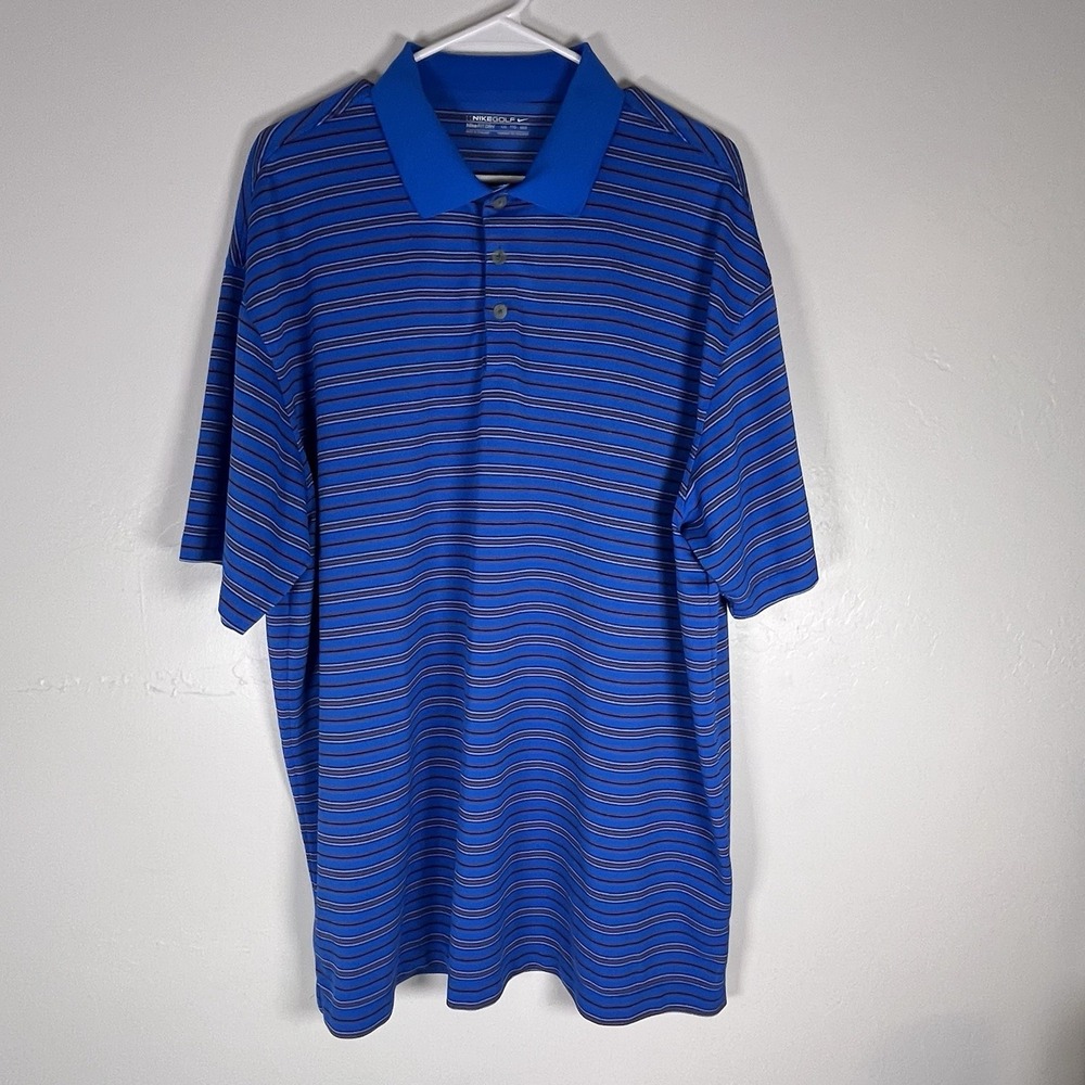 Nike Golf Dri Fit Mens Polo Shirt Sz XXL Blue w Red‎ Black Stripes Short Sleeve